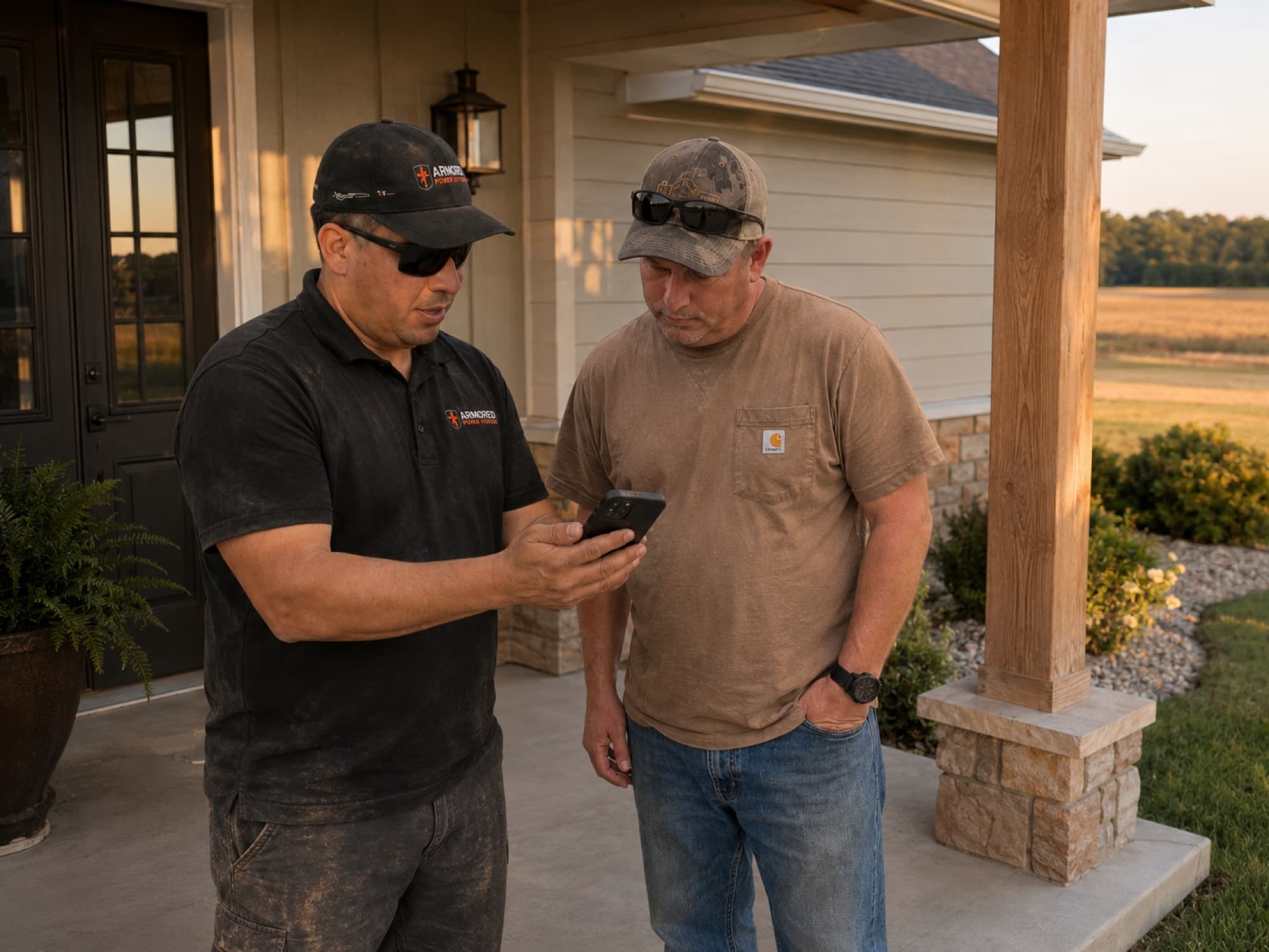 An Armored Power Systems technician in a branded polo showing a homeowner generator monitoring on a rural porch at golden hour.